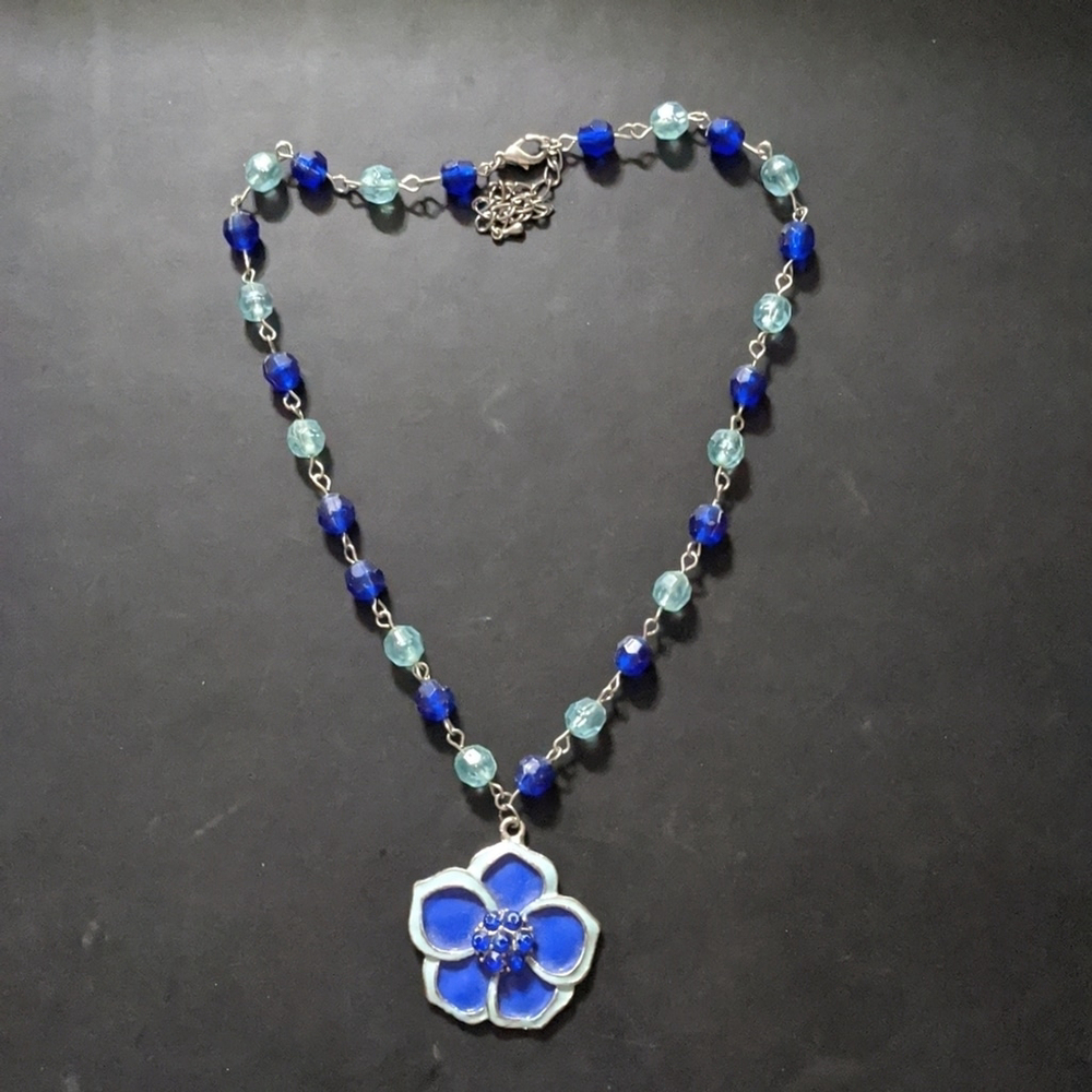 Silver Tone Blue Enamel Flower Floral Beaded Statement Necklace